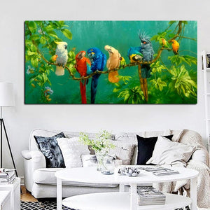 Artistic Parrot Bird on Branches Wood Landscape Oil Painting on Canvas Poster Print